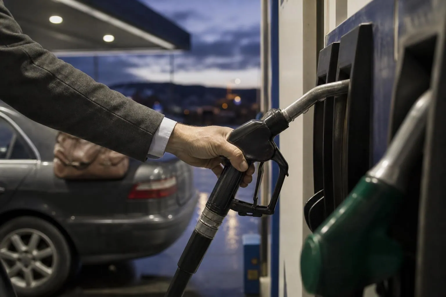 Main reposant le pistolet de carburant sur une pompe de station service de peripherie, au petit matin.