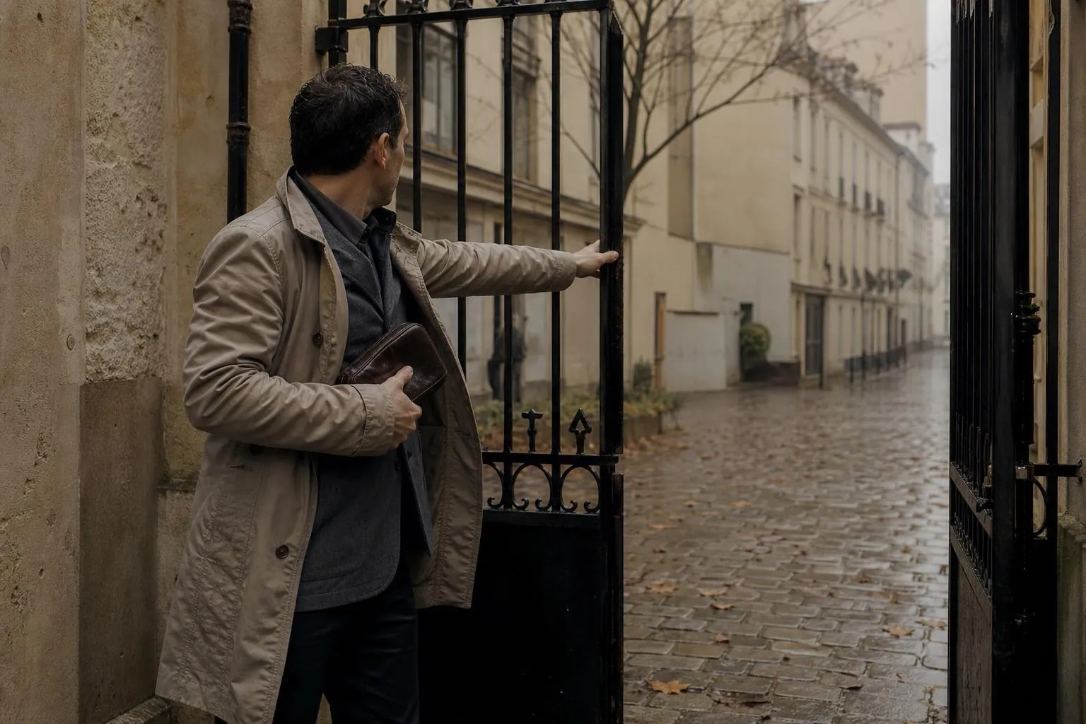 Cour d immeuble francais en novembre sous la pluie fine, un clerc en imper refermant un portail de fer forge.