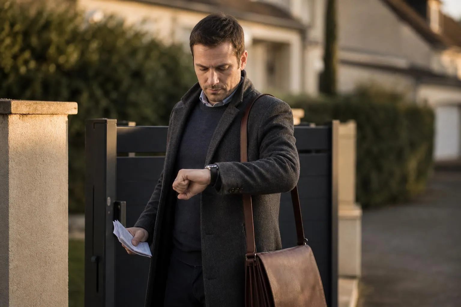Clerc significateur en manteau consultant sa montre devant le portail d un pavillon francais a la tombee du jour.