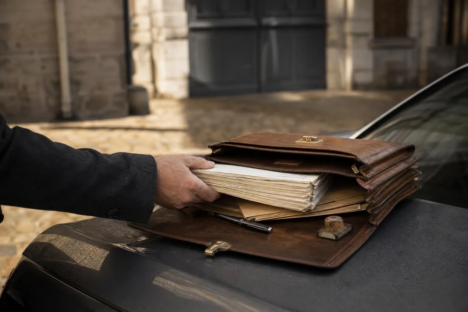 Sacoche de cuir brun ouverte sur le capot d une voiture, avec liasse de feuillets, enveloppes et stylo, dans une cour pavee.