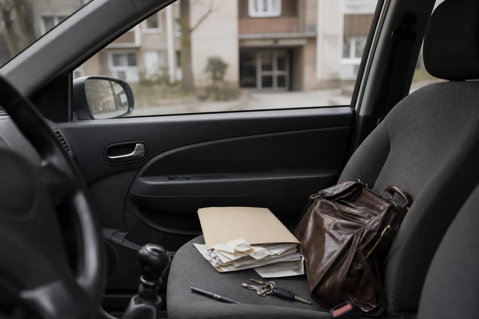 Chemise cartonnee ouverte et feuillets froisses poses sur le siege passager d une voiture stationnee devant un immeuble.