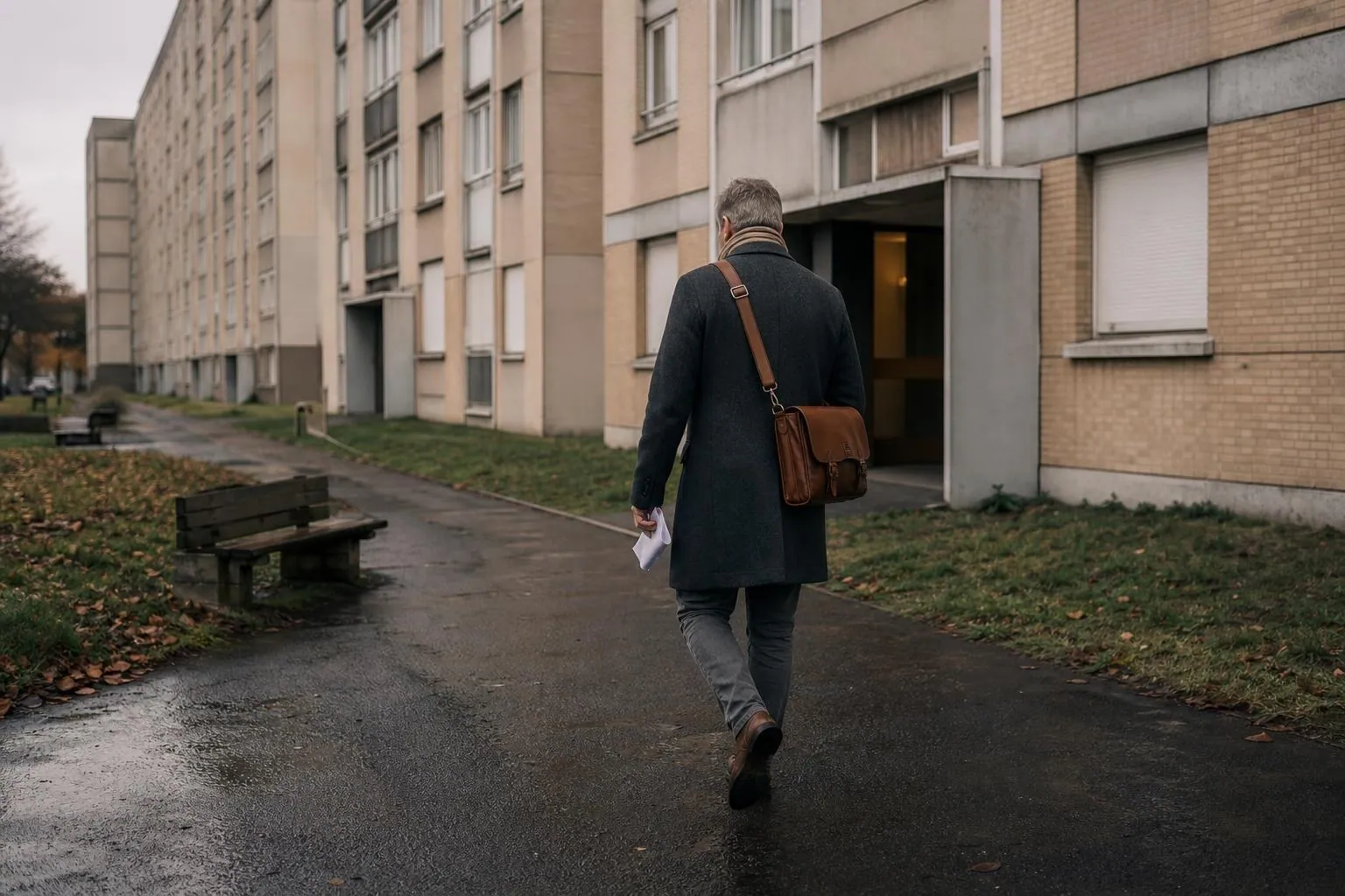 Clerc significateur marchant dans l allee d une residence de logement social entre deux barres d immeubles, sacoche a l epaule.