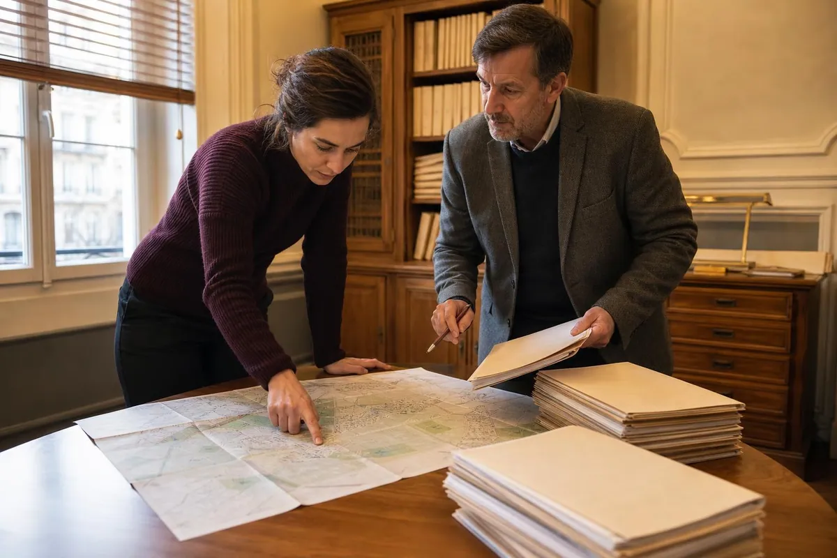 Deux clercs debout devant une table de bureau couverte de chemises cartonnees et d une carte communale, repartissant les actes du jour